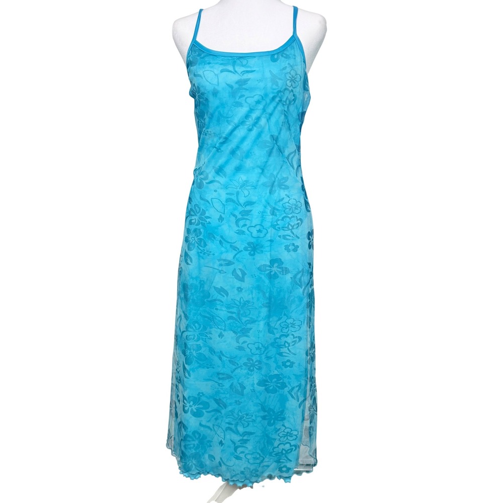 Y2K Blue Floral Mesh Slip Dress VTG 90s Fairycore Whimsygoth Maxi Dress L USA